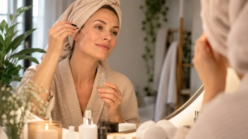 Vrouw brengt thuis ISOV huidverzorging aan tijdens haar dagelijkse skincare routine