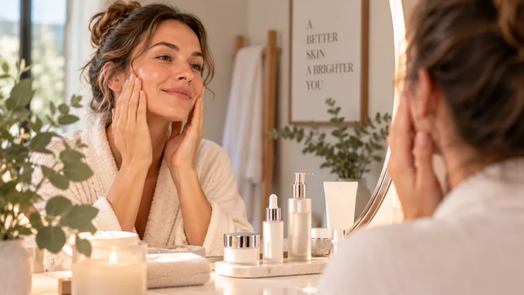 Vrouw verzorgt thuis haar huid als onderdeel van haar dagelijkse skincare routine